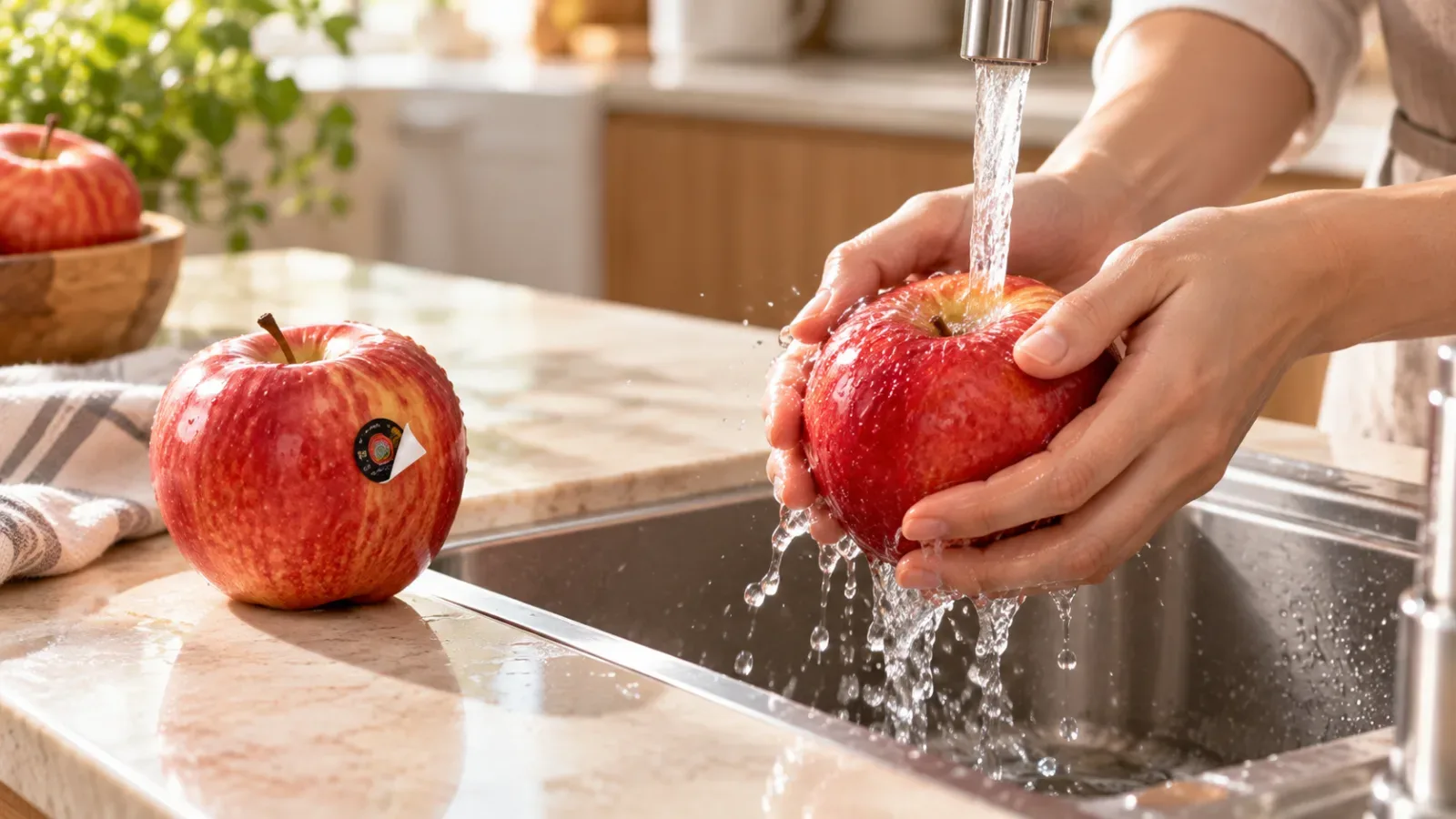 Hướng dẫn bóc tem PLU và rửa táo nhập khẩu dưới vòi nước sạch trước khi ăn