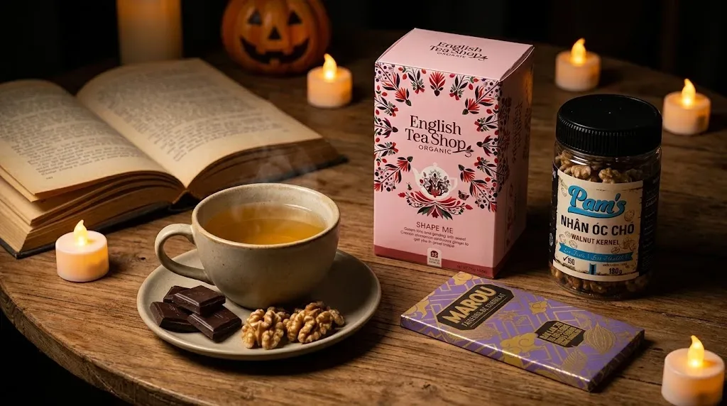 Bộ ba trà thảo mộc hữu cơ không caffeine, thanh chocolate đen và hạt dinh dưỡng tại ROOTS cho đêm thư giãn Halloween