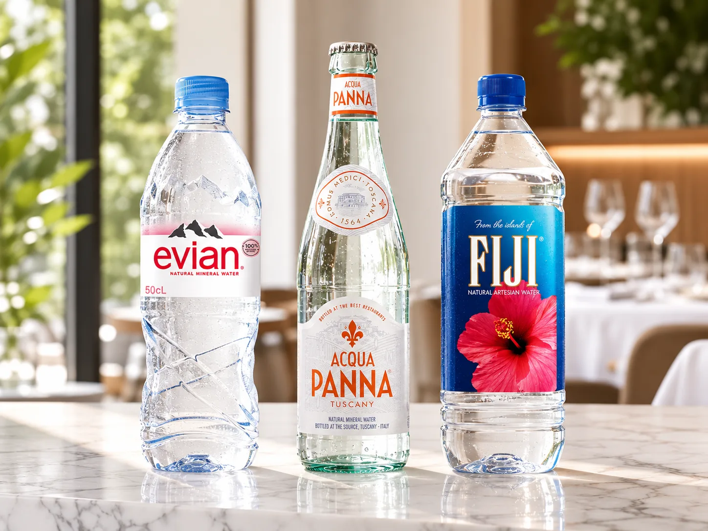 C&aacute;c thương hiệu nước kho&aacute;ng nhập khẩu cao cấp Evian, Acqua Panna, Fiji.