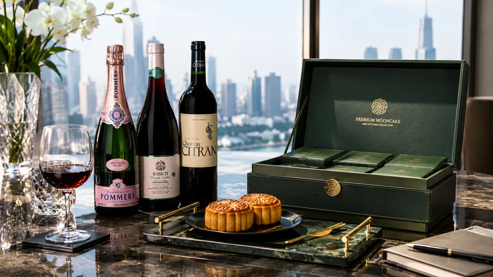 VIP corporate Mid-Autumn gift pairing with premium red wine and mooncakes