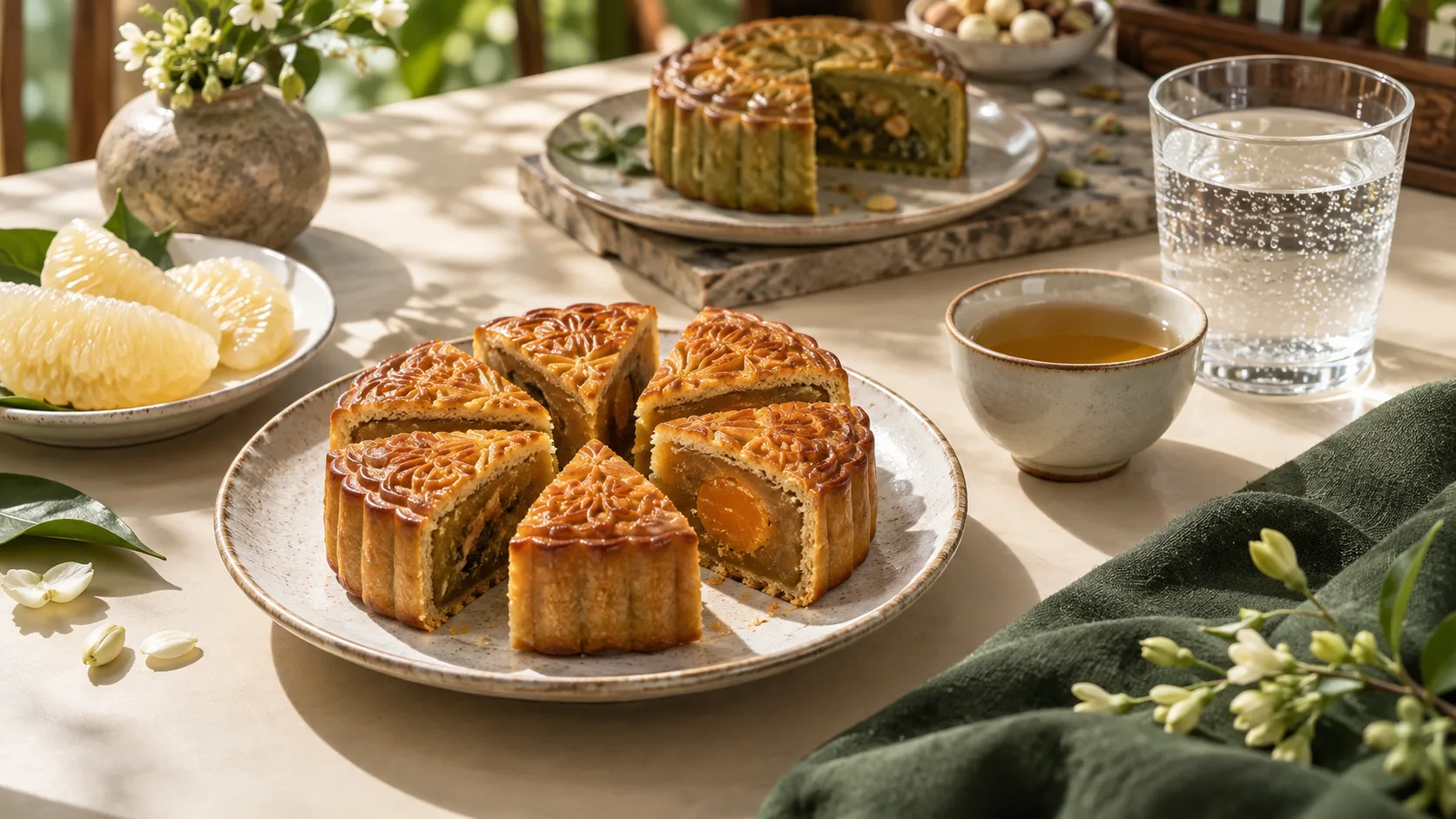 Mooncakes cut into small wedges with tea sparkling water and fresh pomelo