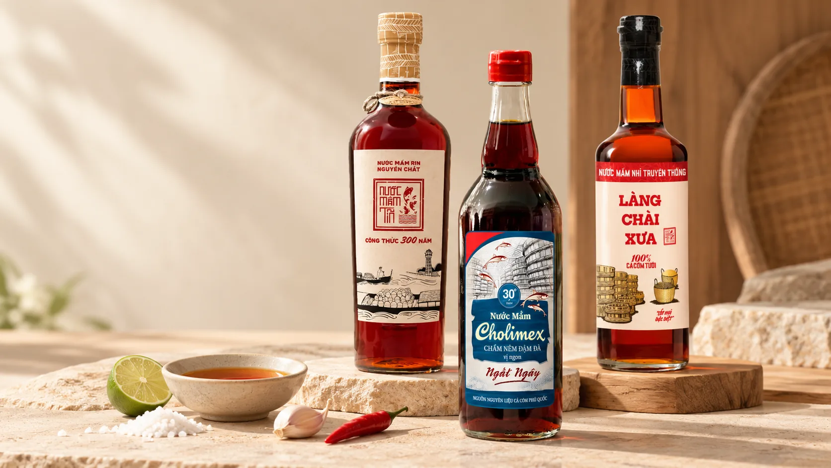 Selection of Vietnamese fish sauces for cooking, dipping and plant-based meals