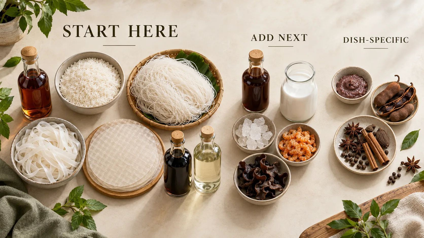 Vietnamese pantry ingredients organized into start here, add next and dish-specific groups for beginners.
