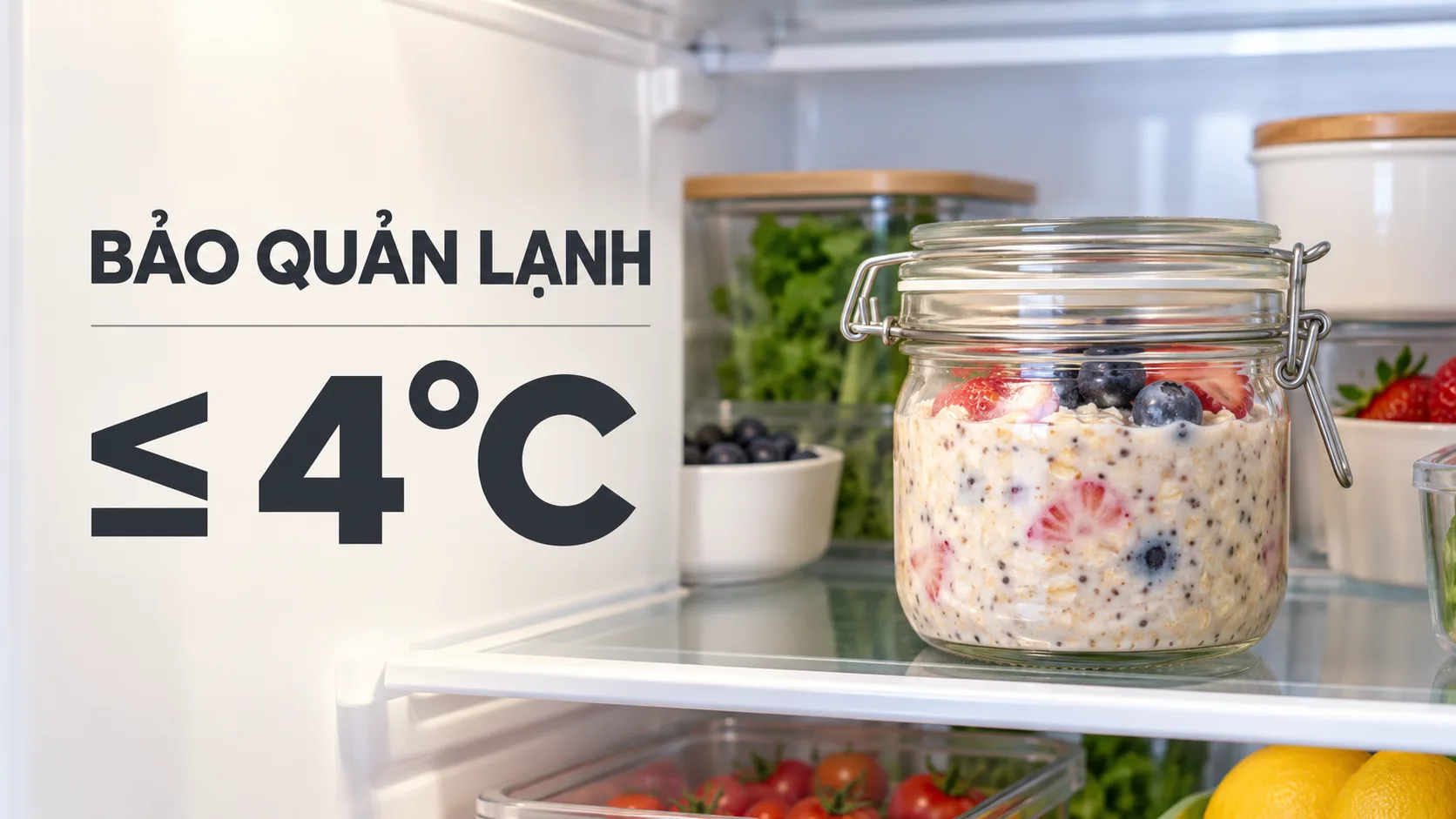 Hũ overnight oats đậy kín đặt trong ngăn mát tủ lạnh với hướng dẫn duy trì nhiệt độ không quá 4 độ C