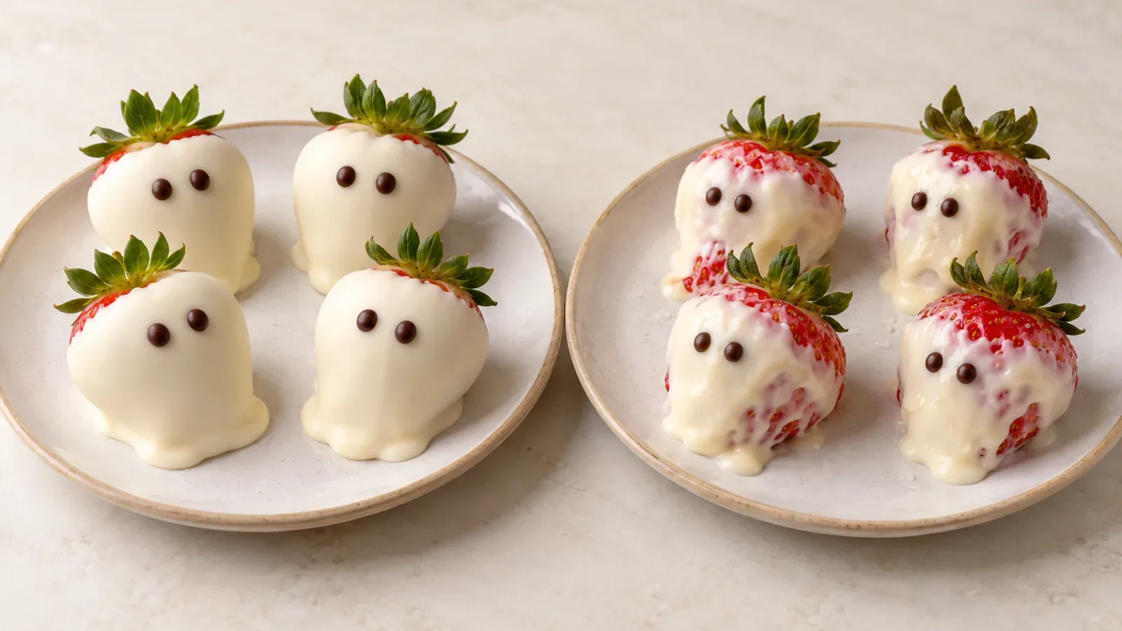 Comparison of properly coated white chocolate strawberry ghosts and strawberries with uneven coating caused by moisture