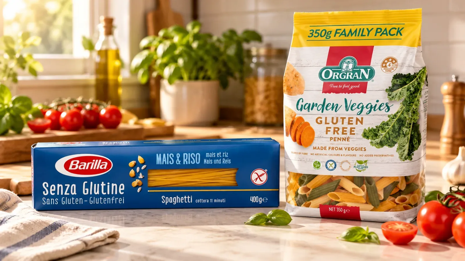 Gluten-free pantry staples including Barilla spaghetti and Orgran buckwheat spirals arranged on a kitchen counter.