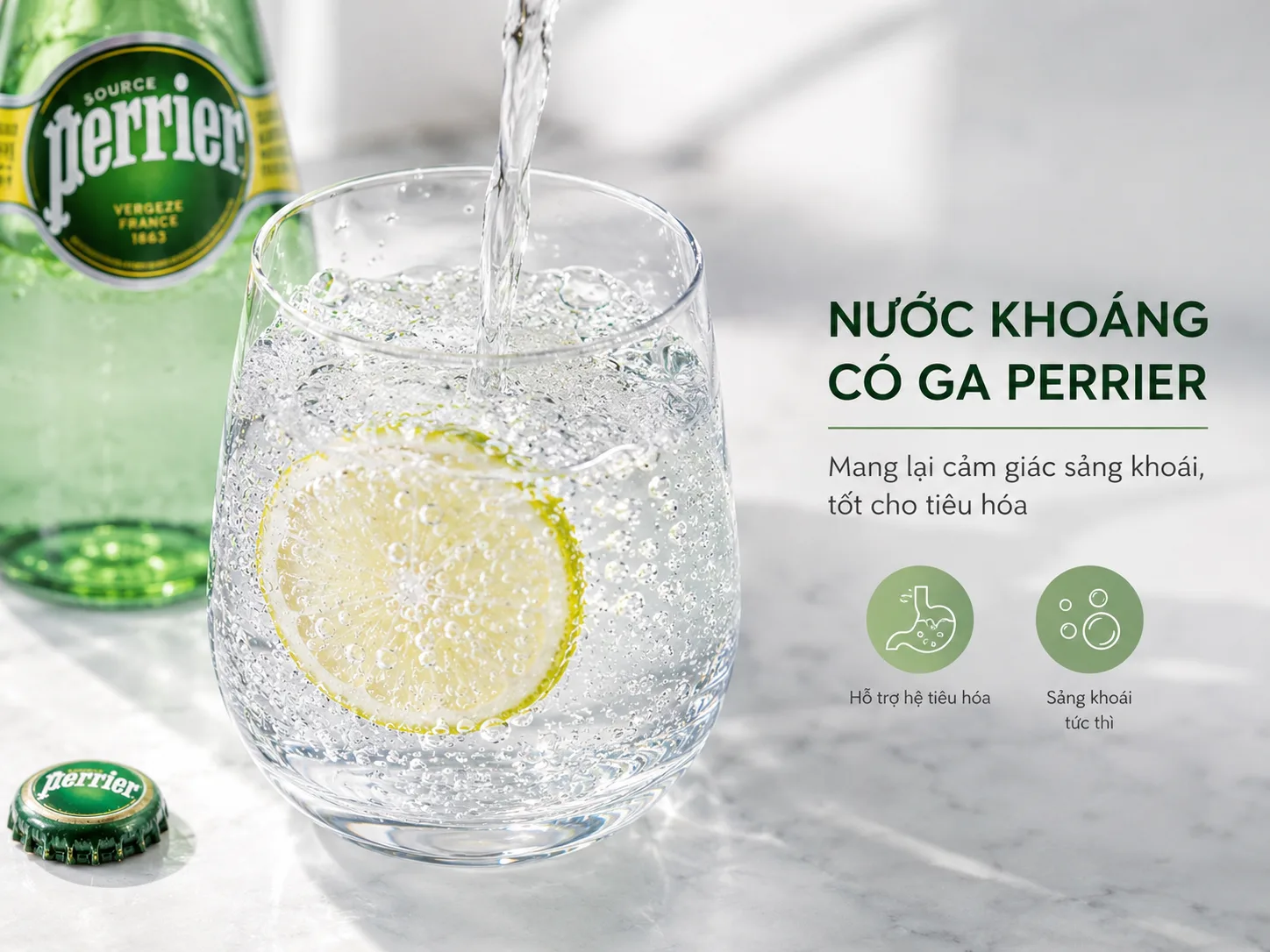 Nước kho&aacute;ng c&oacute; ga Perrier mang lại cảm gi&aacute;c sảng kho&aacute;i, tốt cho ti&ecirc;u h&oacute;a.