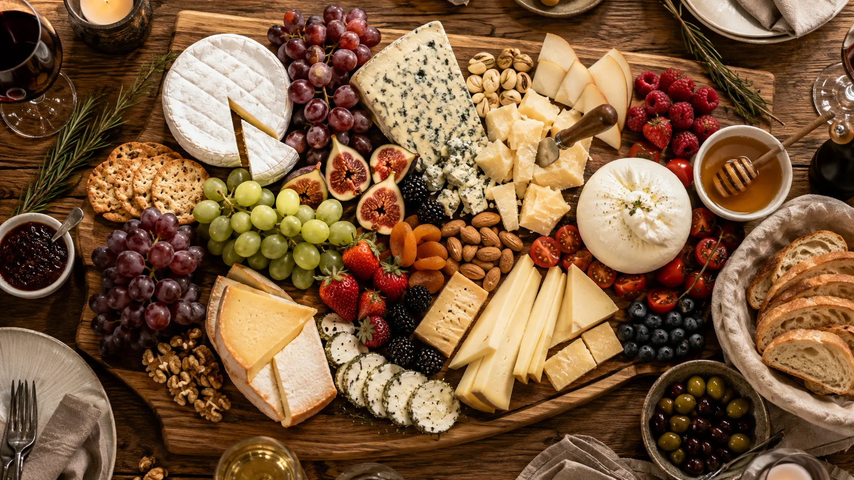 C&aacute;ch l&agrave;m cheese board ph&ocirc; mai Ph&aacute;p &Yacute; với tr&aacute;i c&acirc;y, hạt v&agrave; b&aacute;nh m&igrave;