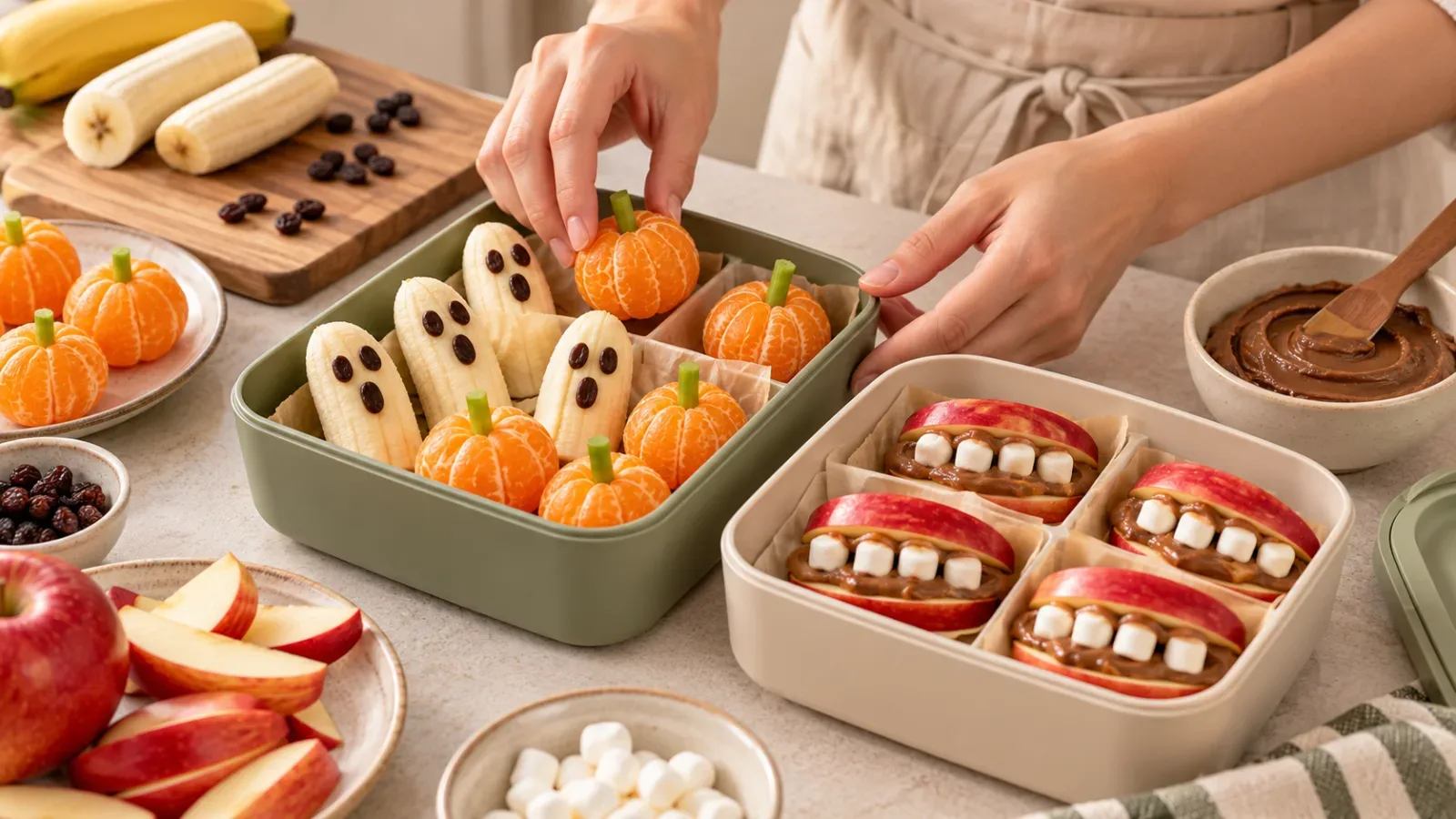 Preparing Halloween fruit snacks and apple monster mouths with chickpea-cocoa spread in clean containers for a nut-restricted school classroom