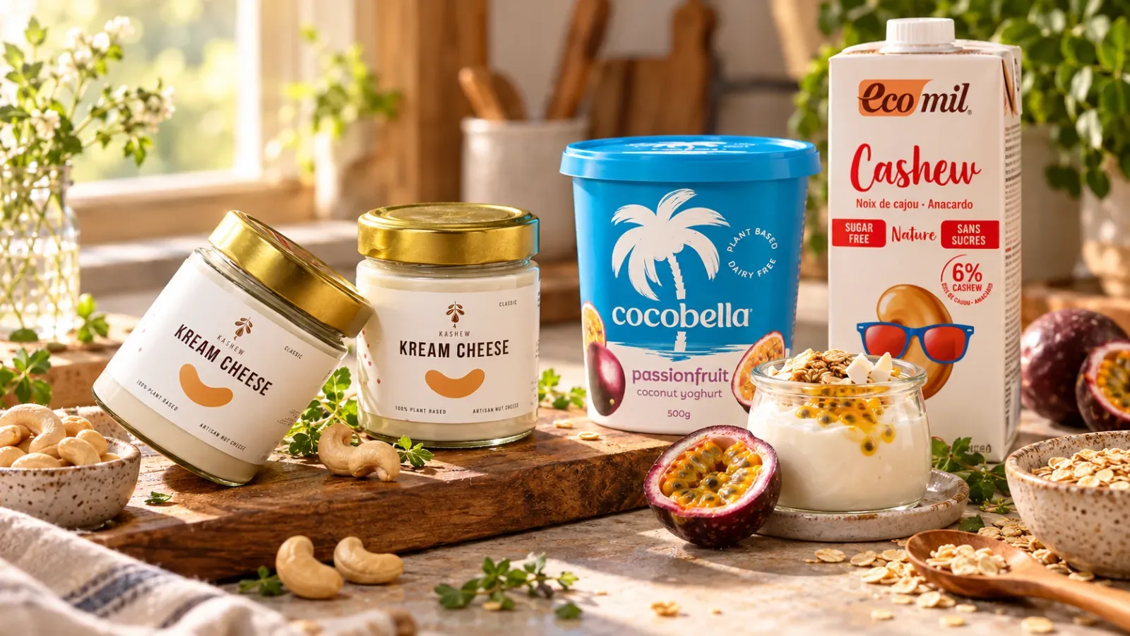 Kashew brand vegan aged cheese alongside dairy-free oat milk and coconut&nbsp;