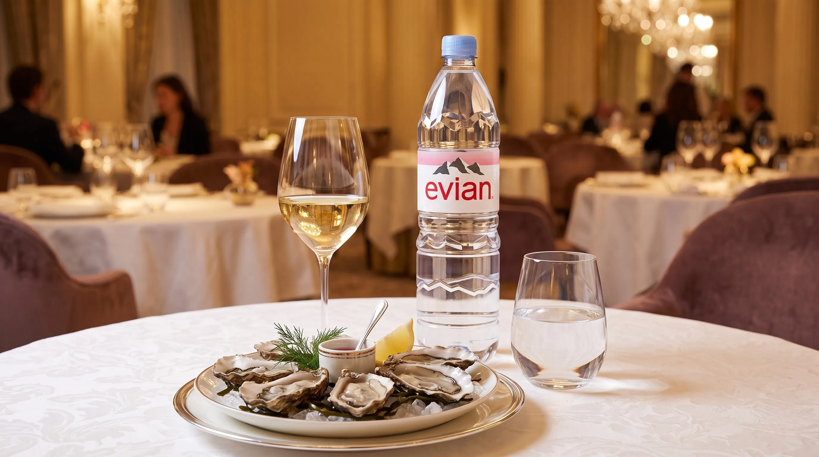 Bữa ăn sang trọng đi kèm với nước khoáng thiên nhiên không ga Evian