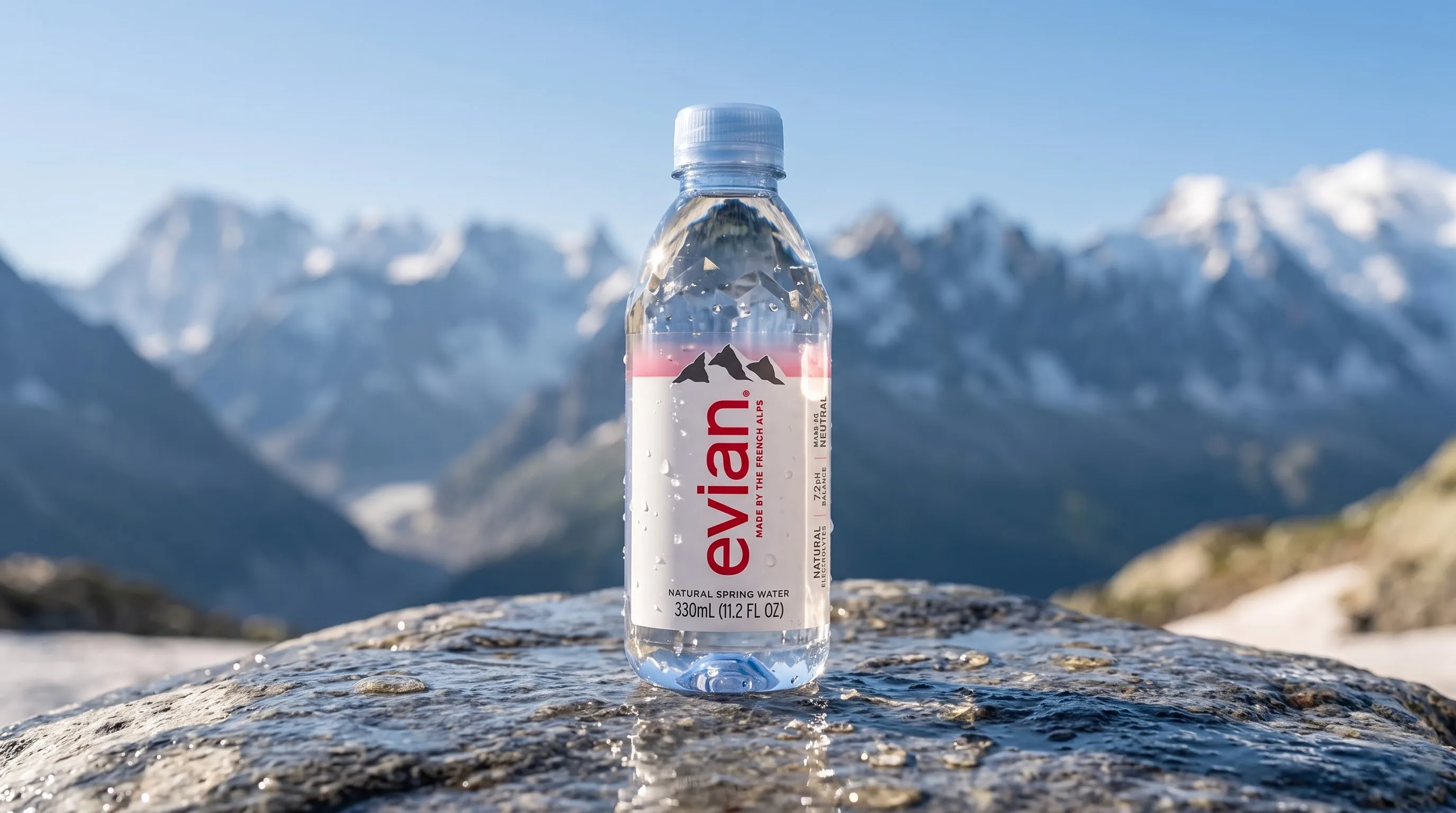 Chai nước khoáng thiên nhiên Evian 330ml tinh khiết với bối cảnh dãy núi Alps hùng vĩ.