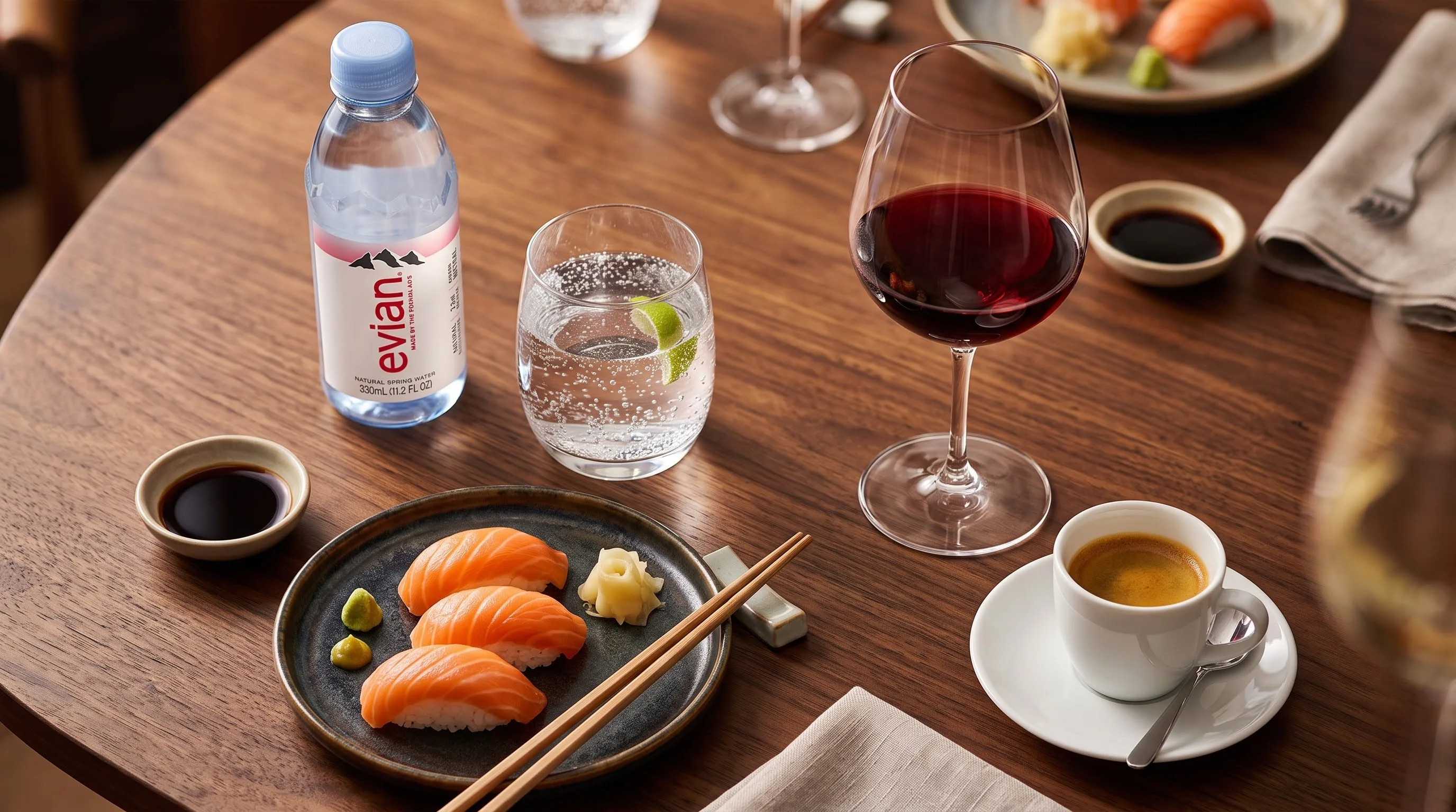 Nước khoáng Evian dùng kèm rượu vang, sushi và espresso giúp thanh lọc vị giác.