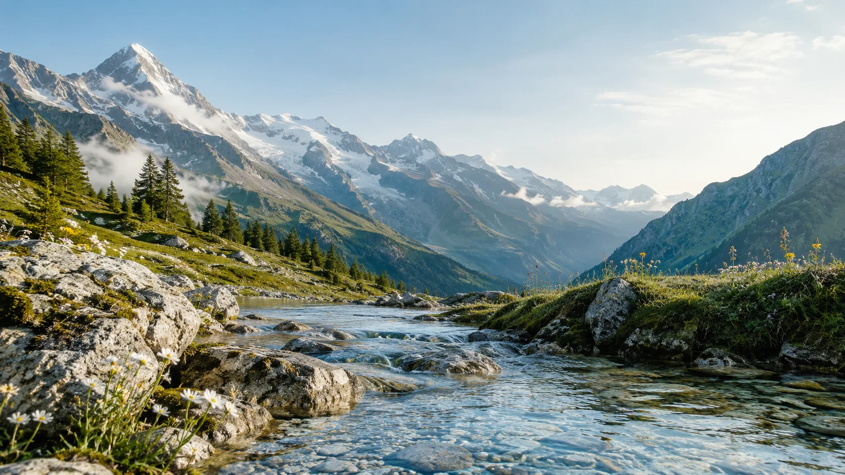 Dãy Alps phủ tuyết với dòng suối nước khoáng trong vắt – nguồn gốc nước khoáng thiên nhiên Evian từ Pháp
