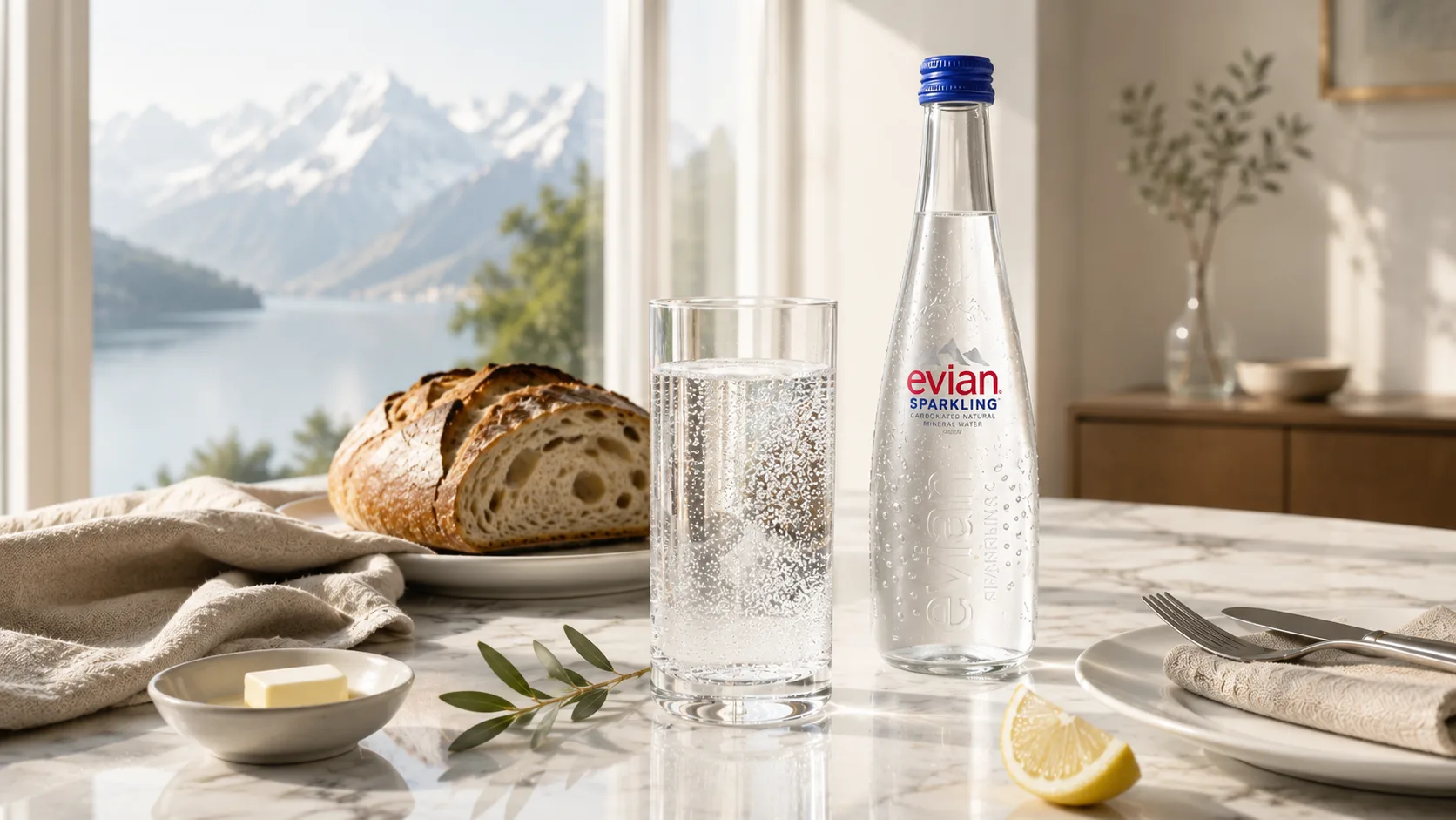 Chai nước khoáng thiên nhiên có ga Evian Sparkling 330ml trên bàn ăn sáng phong cách châu Âu