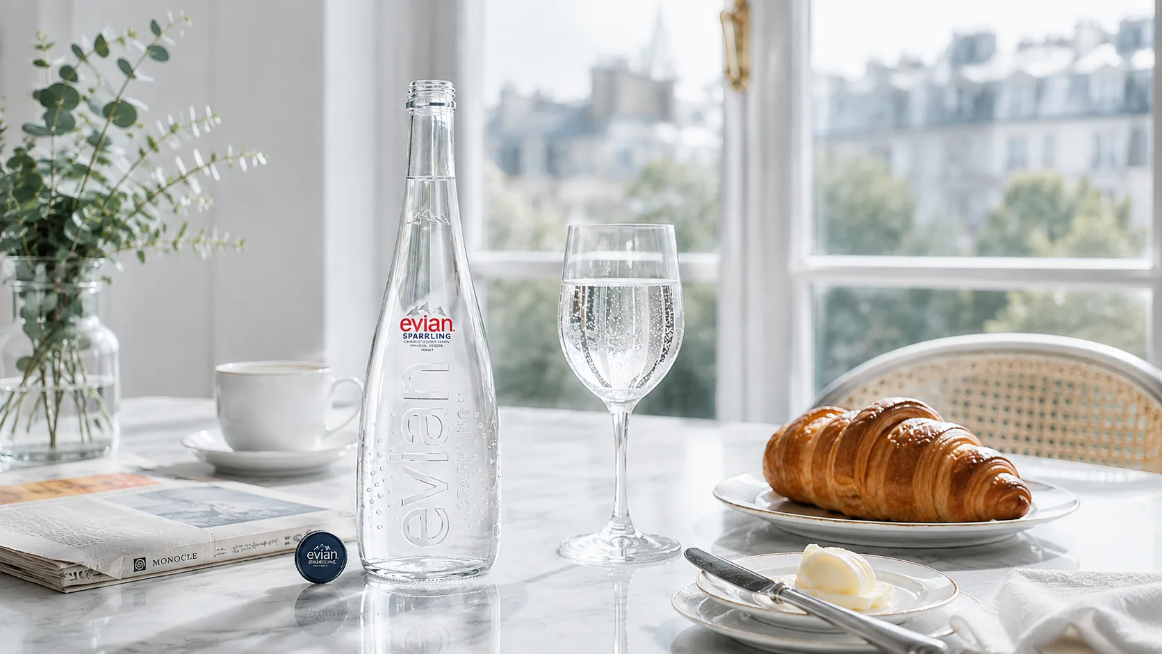 Khung cảnh mang cảm giác bữa sáng châu Âu với chai nước có ga Evian