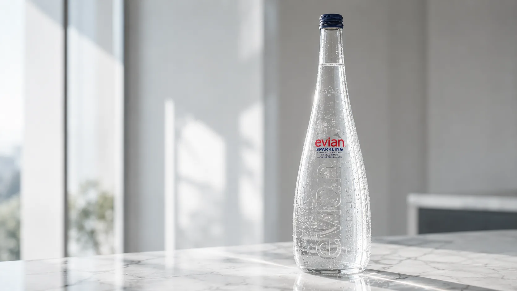 Nước khoáng thiên nhiên có ga Evian dưới ánh nắng