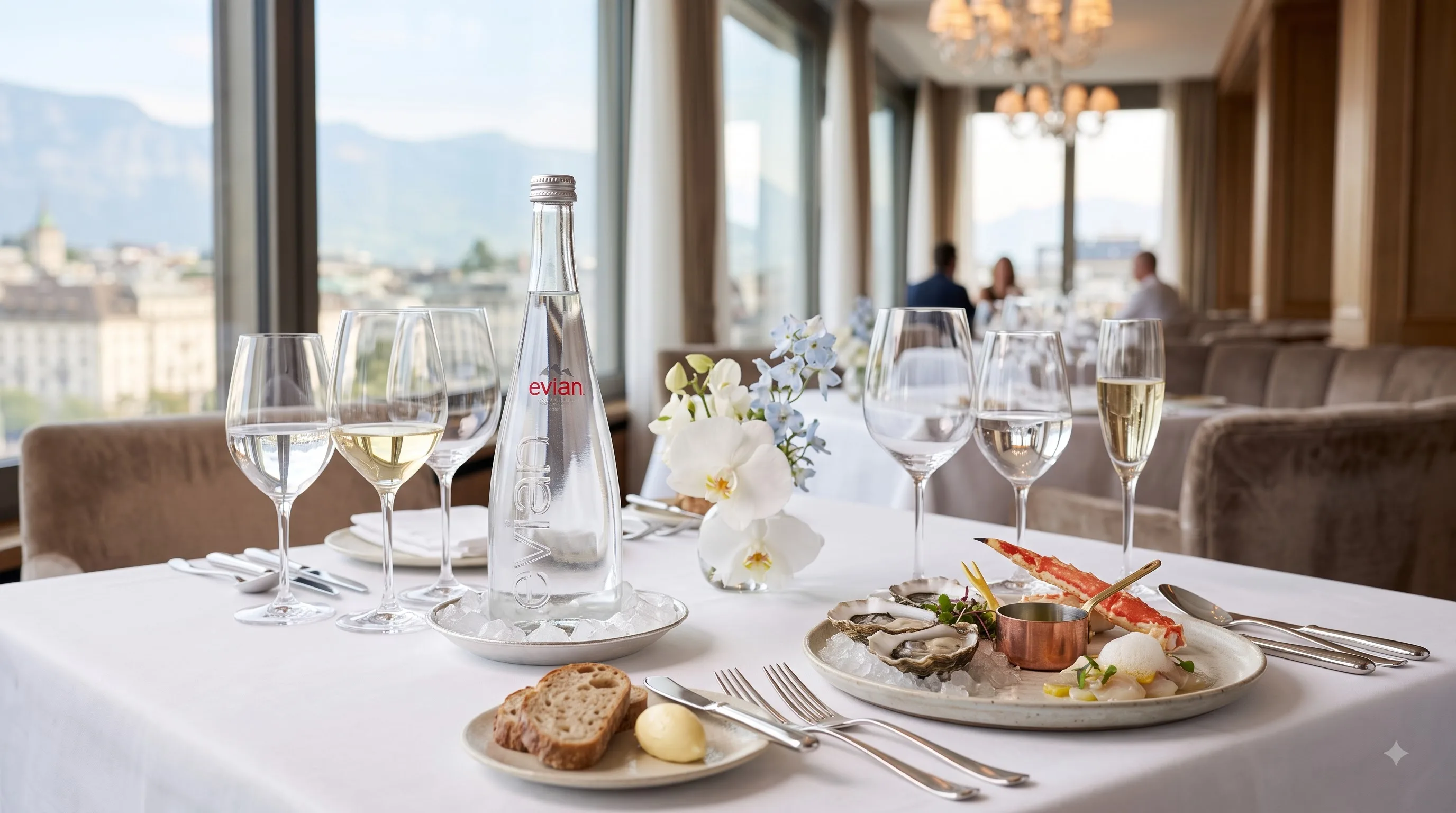 Nước khoáng thiên nhiên Evian trên bàn tiệc